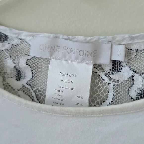 ANNE FONTAINE | Top White Cotton Black Lace Sheer Back Sz 40 - Picture 5 of 7